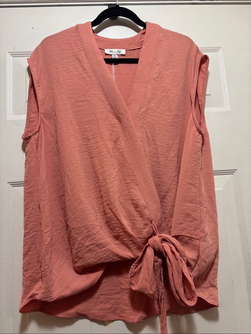 She + Sky Coral Wrap Tie Sleeveless Blouse